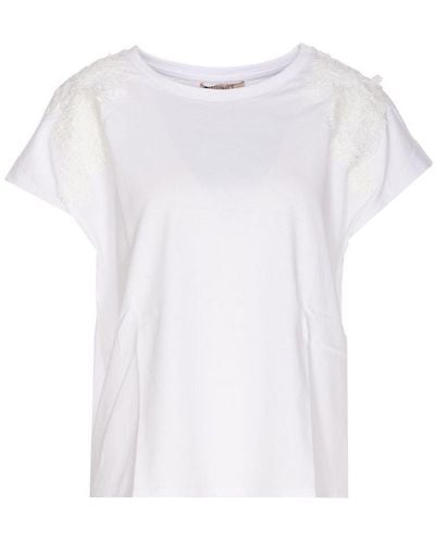 Twin Set Cotton T-Shirt With Flower Appliqué - White