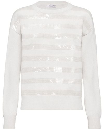 Brunello Cucinelli Dazzling Striped Embroidered Cashmere Sweater - White