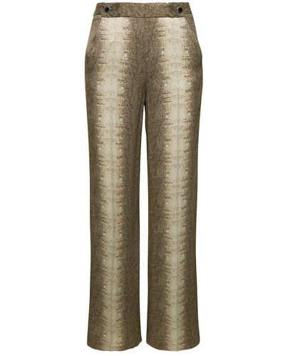 Twin Set Beige High-waisted Pants With Animalier Print In Viscose Woman - Green