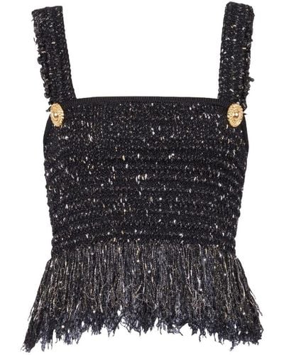 Balmain Buttoned Fringed Tweed Cropped Top - Black