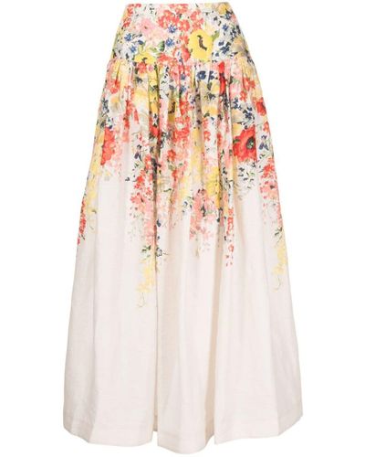 Zimmermann Floral Print Linen Midi Skirt - White