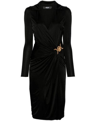 Versace Midi Wrap Dress In Viscose With Medusa Plaque - Black