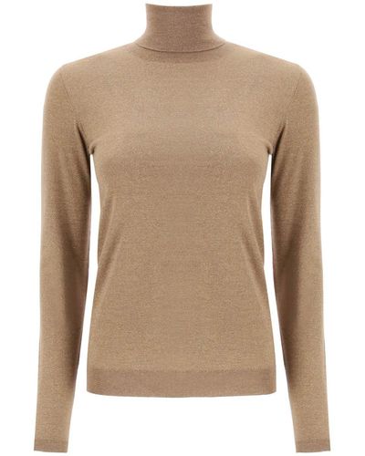 Brunello Cucinelli Turtleneck Sweater In Cashmere And Silk Lurex Knit - Brown
