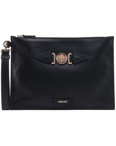 Versace Leather Closure With Zip Clutches - Black