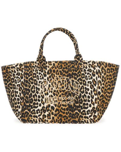 Ganni 'Xxl' Tote Bag With Logo Embroidery And Leopard Print - Metallic