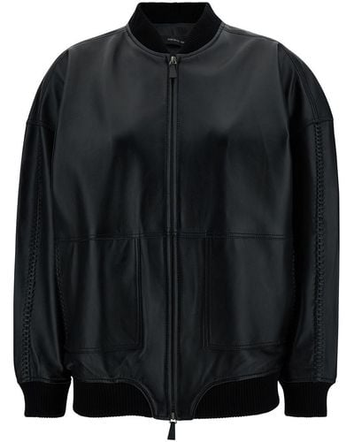 FEDERICA TOSI Black Bomber Jacket With Ribbed Trim In Leather Woman