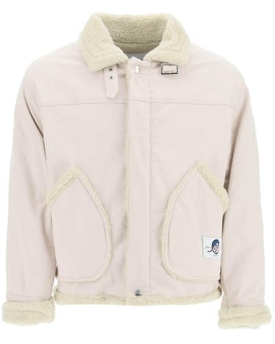 MSGM Denim Jacket With Faux Shearling - Natural