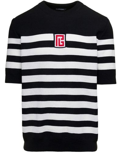 Balmain Striped Cotton T Shirt - Black