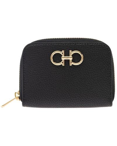 Ferragamo Black Coin Purse With Gancino Logo In Hammered Leaher Woman