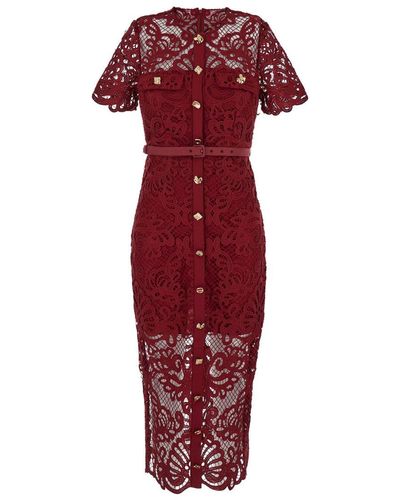 Self-Portrait Midi Dress With Jewel Buttons - Red