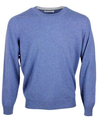 Brunello Cucinelli Long-sleeved Crew-neck Sweater In Fine 2-ply 100% Cashmere - Blue