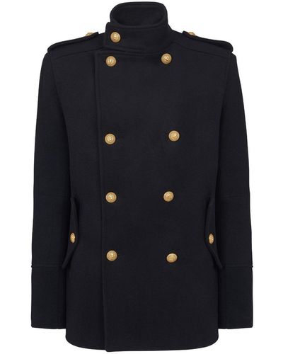 Balmain Virgin Wool Double-breasted Peacoat - Black