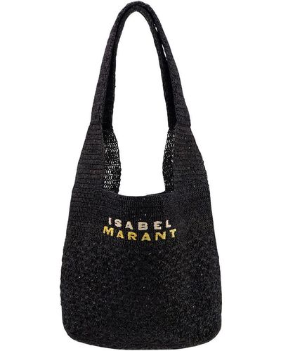 Isabel Marant Raffia Shoulder Bag With Embroidered Logo - Black