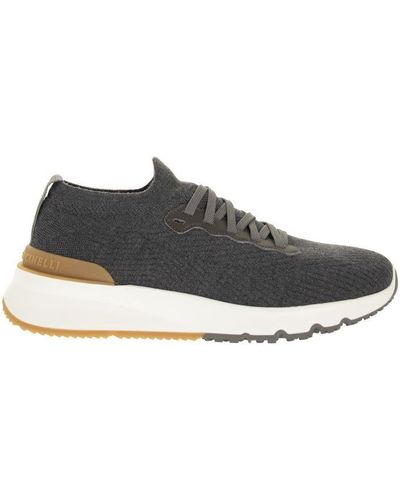 Brunello Cucinelli Runners In Cotton Knit And Semi-glossy Calf Leather - Grey