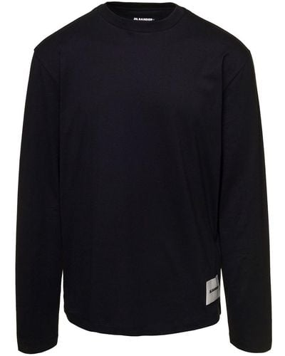 Jil Sander Set Of Three Long Sleeve T-shirts With Logo Patch In Cotton Man - Blue