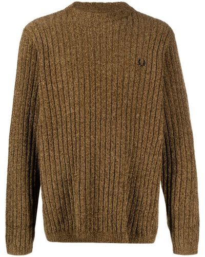 Fred Perry Logo Chenille Crewneck Jumper - Brown