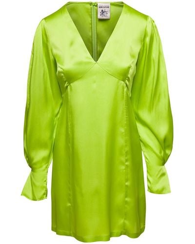 Semicouture Lime Green Zoie Minidress V Neck Satin Effect In Silk Blend Woman