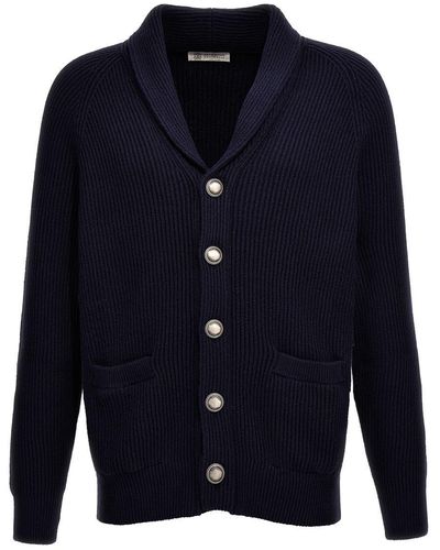 Brunello Cucinelli Logo Buttons Cardigan Jumper, Cardigans - Blue