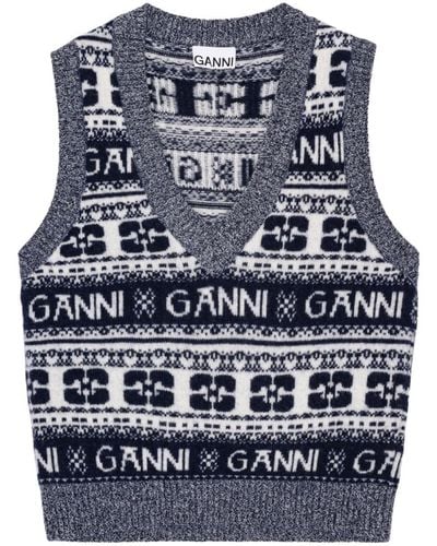 Ganni Logo-intarsia Vest - Women's - Recycled Polyamide/wool/recycled Wool - Blue