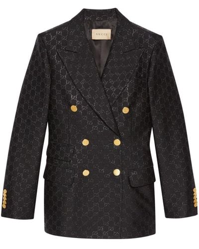 Gucci Double-breasted Monogram-pattern Wool-blend Blazer - Black