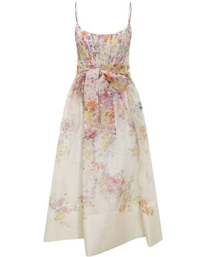 Zimmermann Linen And Silk Dress With Floral Print - White