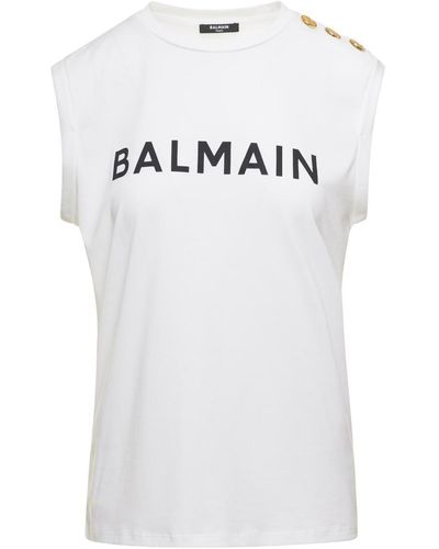 Balmain 3 Button Logo Print Tank Top In White/black
