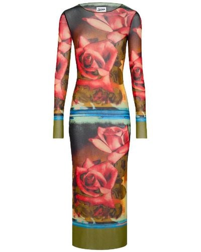 Jean Paul Gaultier Roses Printed Tulle Midi Dress - Red