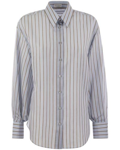 Brunello Cucinelli Sparkling Stripe Cotton-Silk Poplin Shirt With Necklace - Gray