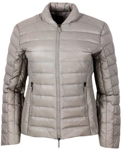 Armani Exchange Lightweight 100 Gram Slim Down Jacket With Integrated Concealed Hood And Zip Closure - Gray