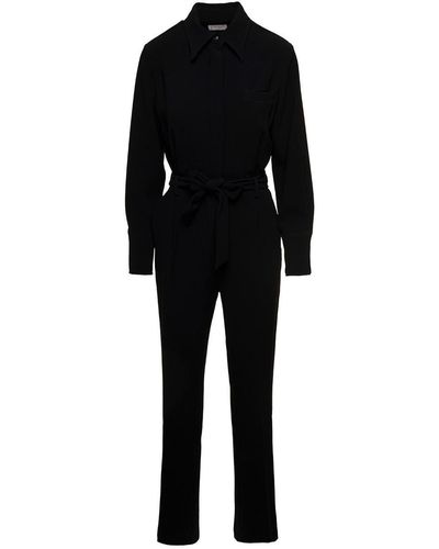Alberto Biani Black Jumpsuit With Classic Collar And Belt In Triacetate Blend Woman