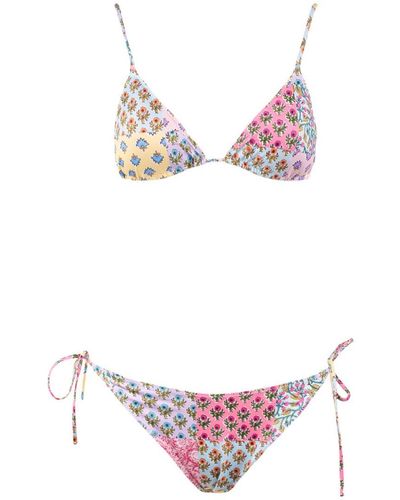 Saint Barth Triangle Bikini With Floral Patches - Pink