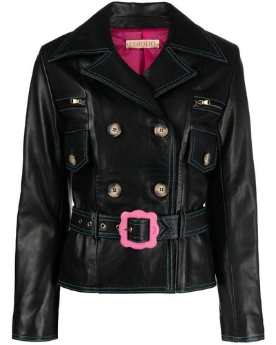 Cormio Florence Double-breasted Belted Leather Jacket - Black