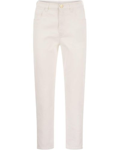 Brunello Cucinelli Baggy Pants In Garment-dyed Comfort Denim With Shiny Tab - White