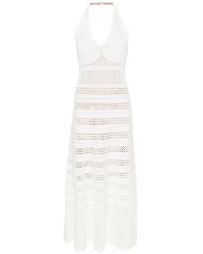 Twin Set Crochet Viscose Midi Dress With Halter Neckline - White