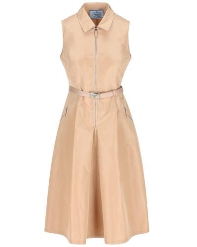 Prada Belted-waist Zipped Midi Dress - Natural