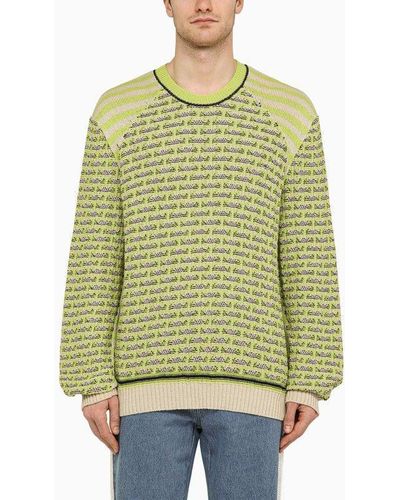Wales Bonner Ivory Striped And Checked Sweater - Green