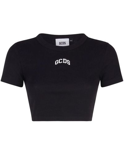 Gcds Cropped T-Shirt With Embroidered Logo - Blue