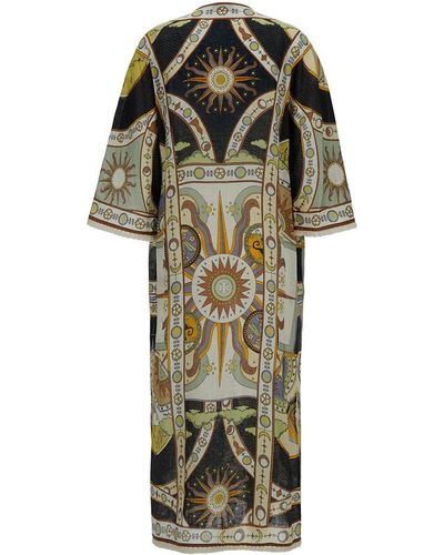 Tory Burch Multicolour Kaftan With All-over Graphic Print In Linen Woman - Green