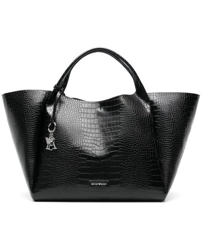 Emporio Armani Oversized Shopper Bag With Mock-croc Finish And Logo Charm - Black