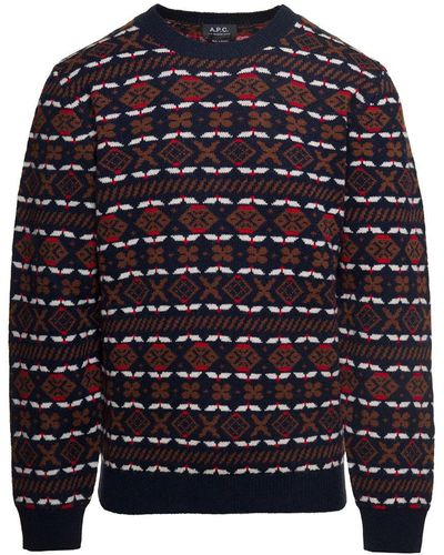 A.P.C. 'john' Multicolour Crewneck Sweater With Intarsia Knit In Wool Man - Blue