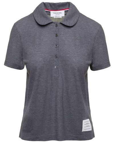 Thom Browne Grey Polo Shirt With Peter-pan Collar And Logo Patch In Cotton Woman - Blue