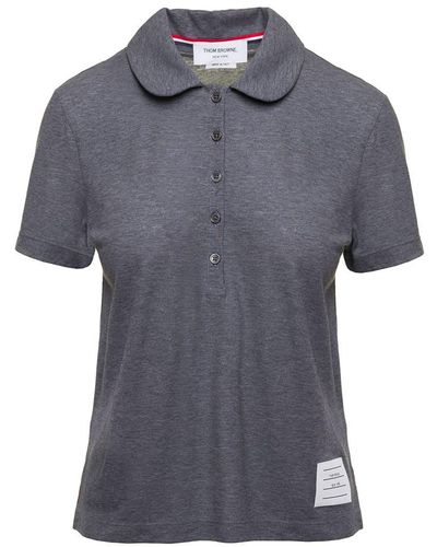 Thom Browne Gray Polo Shirt With Peter-pan Collar And Logo Patch In Cotton Woman - Blue