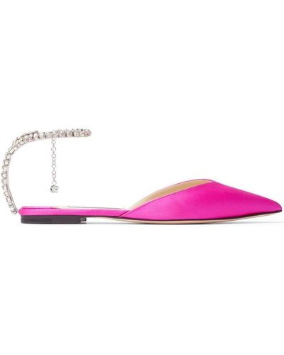 Jimmy Choo Fuchsia Pink Ballerina Flat Shoes With Crystal Embellishment In Satin Woman