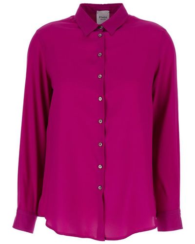 Plain Fuchsia Relaxed Shirt With Mother-of-pearl Buttons In Satin Woman - Pink