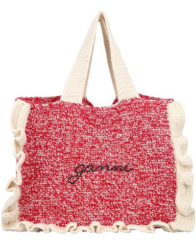 Ganni Crochet Frill Tote Solid Bag - Red