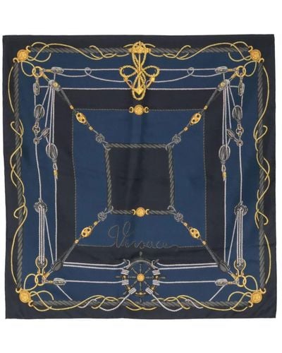 Versace Triangle Foulard 130x60 Side 90 Nautical Print Bio Silk Twill Accessory Accessories - Blue