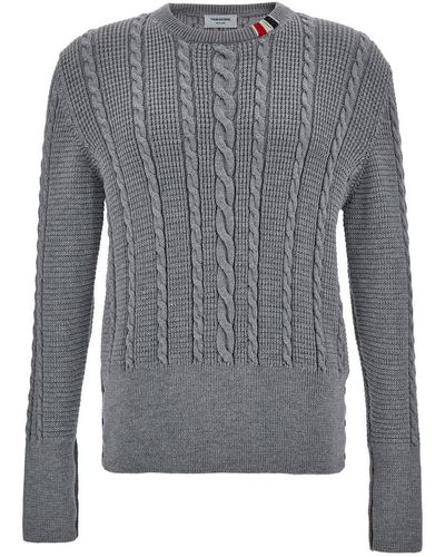 Thom Browne Cable Wool Jumper With Rwb Detail - Grey