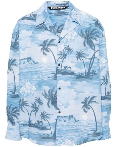 Palm Angels Sunset-Print Bowling Shirt - Blue