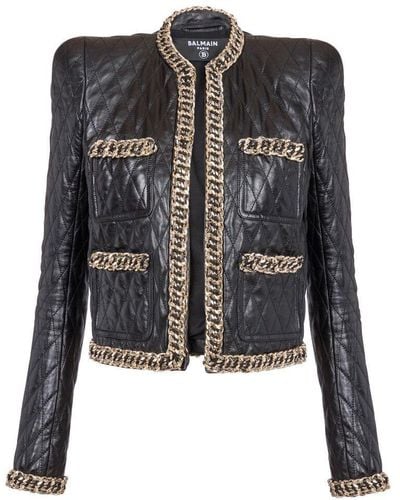 Balmain Quilted Chain Leather Jacket - Black