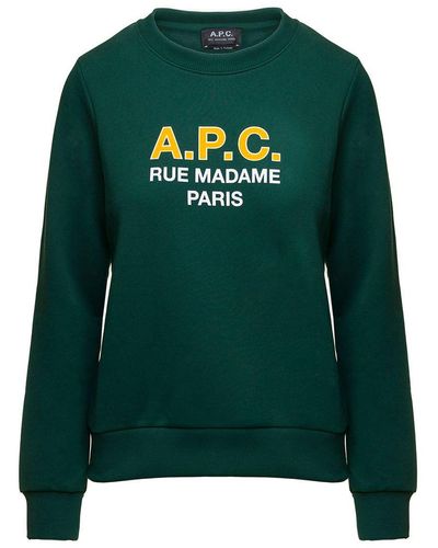 A.P.C. 'madame' Green Crewneck Sweatshirt With Contrasting Logo Print In Cotton Woman
